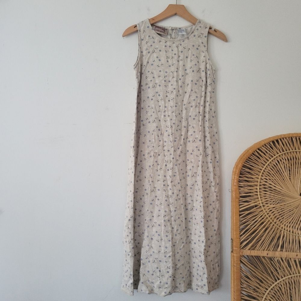 Vintage Studio Ease Linen Blend Dress Neutral Blue Floral Print Sleeveless 4P
